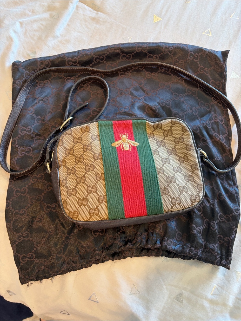 Gucci Beige GG Canvas Crossbody with Red & Green sherry line & Gold Bee